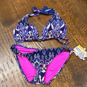 BECCA DD cup top/ Medium bottomMulticolor Bikini with Blue and Pink Accents